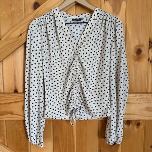 Adrianna Papell Heart Print Blouse Women M Ivory Black Ruched V-Neck